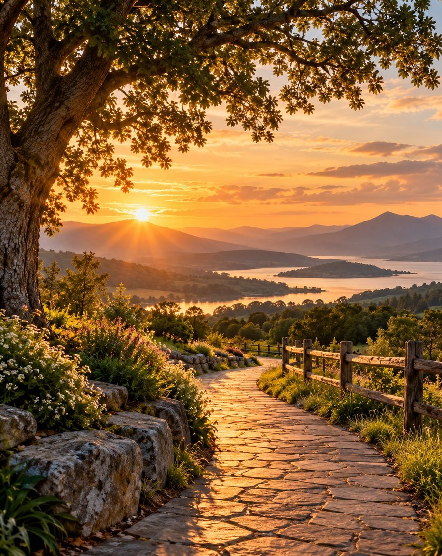 An old tree arching over a garden path that leads toward a sunrise over hills and a river